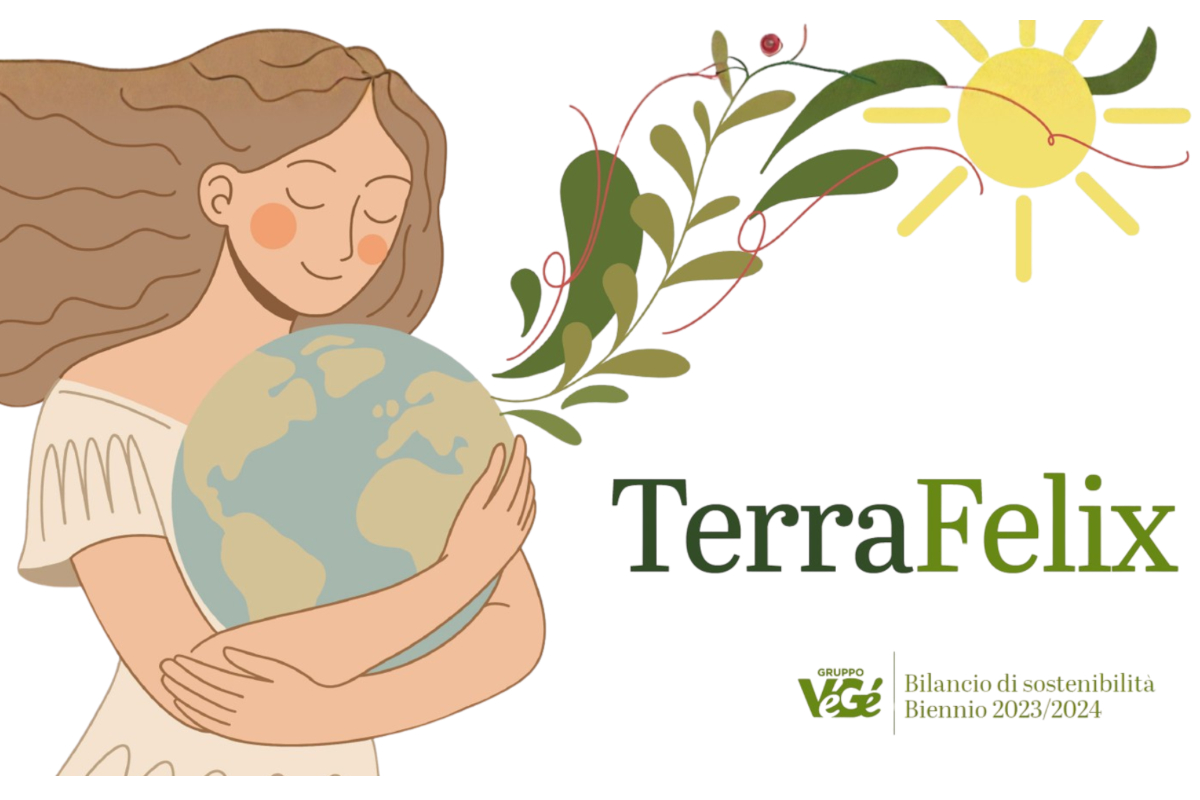 Copertina Bilancio di sostenibilità VéGé. Donna che abbraccia la Terra. Impegno per un futuro sostenibile.