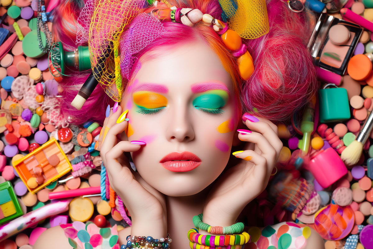 Modella con make-up artistico colorato. Tendenze trucco e mercato cosmetici in crescita.