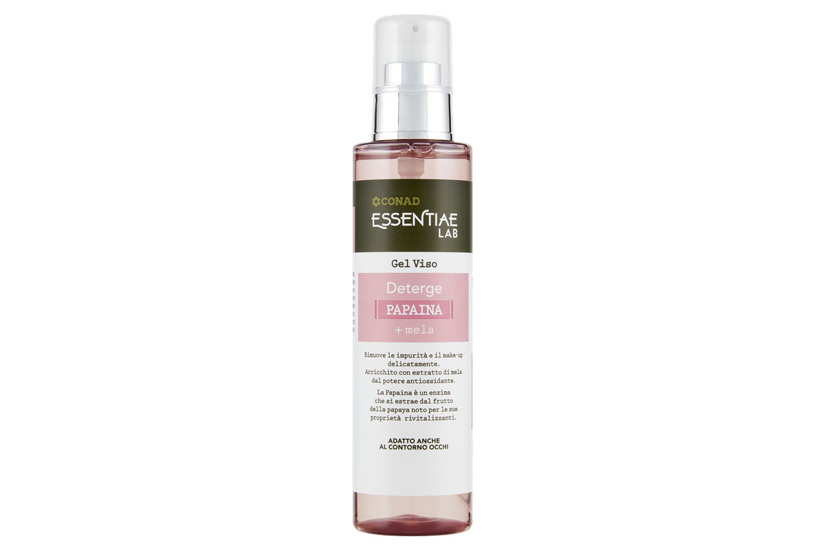 Gel viso detergente Essentiae LAB Conad, formula con papaina e mela. Beauty routine, cura della pelle.