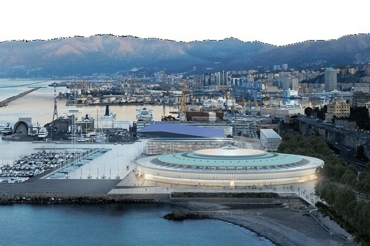 Genova: Waterfront Mall con Pinalli e Normal. Vista del porto e del nuovo centro commerciale.