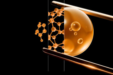 Grafica L'Oréal IA NVIDIA: molecole chimiche, goccia dorata. Chimica computazionale.