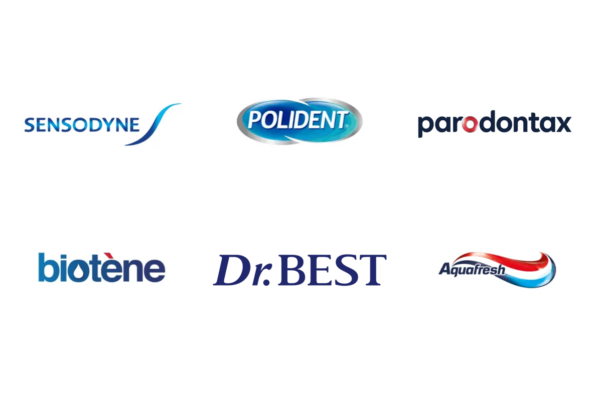 Loghi Haleon: Sensodyne, Polident, Parodontax, Biotène, Dr.BEST, Aquafresh. Igiene orale.