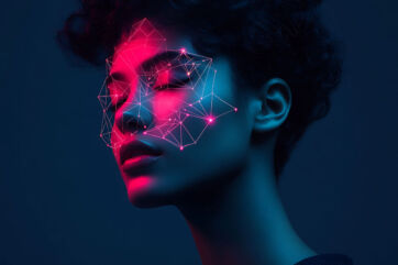 Donna con rete neurale AI sul viso. Beauty tech, intelligenza artificiale e futuro della bellezza.