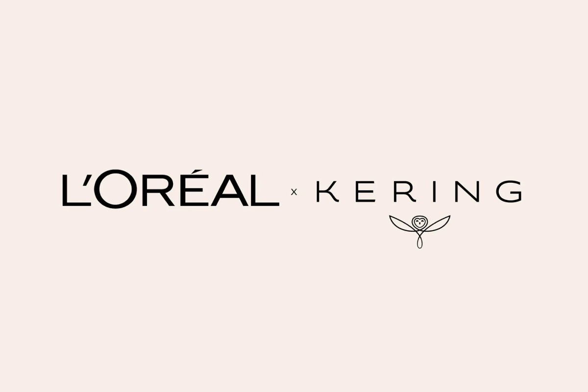 Logo L'Oréal x Kering Beauté. Acquisizione nel settore beauty e cosmetici.