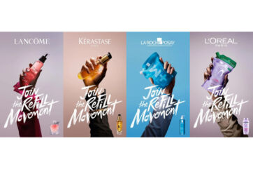 Campagna globale L’Oréal: mani che sostengono prodotti refill dei brand Lancôme, Kérastase, La Roche-Posay e L’Oréal Paris.