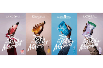 Campagna L’Oréal Join the Refill Movement: mani che sollevano prodotti ricaricabili dei brand del gruppo cosmetico.