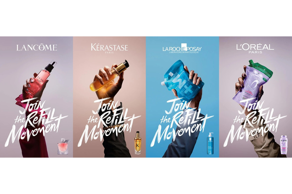 Campagna L’Oréal Join the Refill Movement: mani che sollevano prodotti ricaricabili dei brand del gruppo cosmetico.