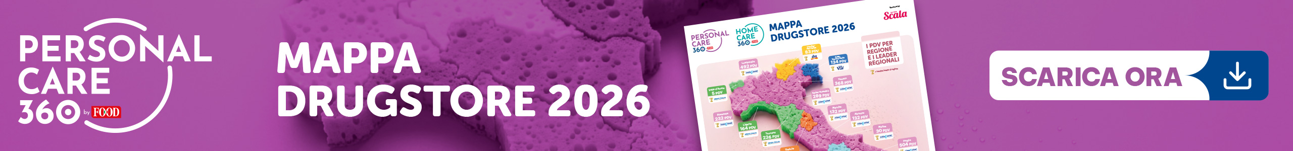 Banner promozionale Mappa Drugstore 2026 Personal Care 360 con anteprima cartina Italia e pulsante Scarica ora.