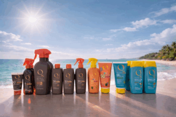 Linea di solari Quovis Sun di iN’S Mercato: creme, spray e doposole esposti su una spiaggia tropicale soleggiata.