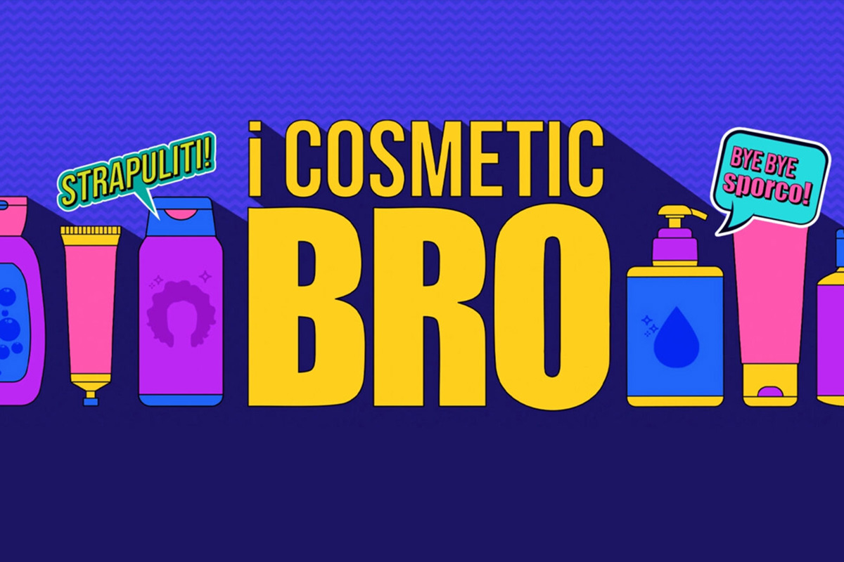 Grafica promozionale I Cosmetic BRO con flaconi di cosmetici colorati, scritte Strapuliti e Bye Bye sporco su sfondo blu.