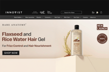 Sito web Innovist con gel per capelli Bare Anatomy a base di semi di lino e acqua di riso, novità L'Oréal in India.