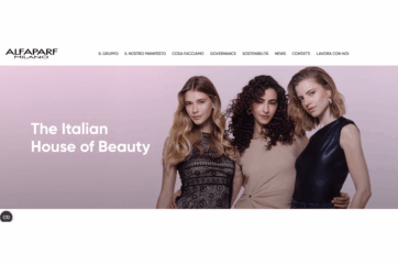 Homepage Alfaparf Milano con tre modelle e il claim The Italian House of Beauty per il settore cosmetico professionale.