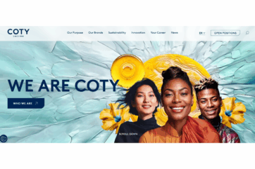 Homepage del sito ufficiale Coty con il logo, il testo We Are Coty e un gruppo di persone sorridenti su sfondo floreale.