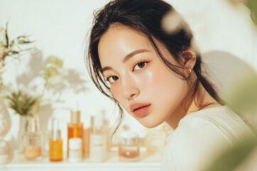 Ritratto K-beauty con pelle luminosa e prodotti skincare per l'accordo L'Oréal Cosmax e innovazione