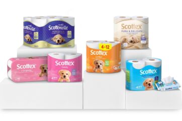 Gamma di prodotti Scottex e Scottonelle di Kimberly-Clark: confezioni di carta igienica con il cucciolo Labrador.