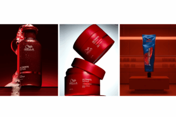 Prodotti Wella Professionals: shampoo Ultimate Repair, maschera riparatrice e tinta Koleston Perfect su sfondo rosso.