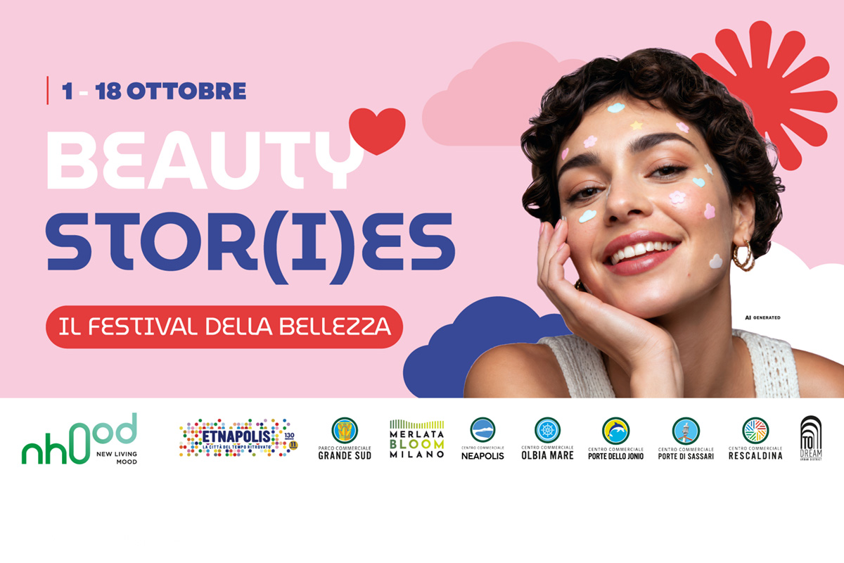 姉妹祭「Beauty Stor(i)es」のポスター。笑顔の女性とNhood、Etnapolisなどのロゴ。1-18 ottobre、Il Festival della Bellezza。