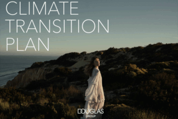 Donna in abito bianco su scogliera al tramonto con testo Climate Transition Plan e logo Douglas Group.